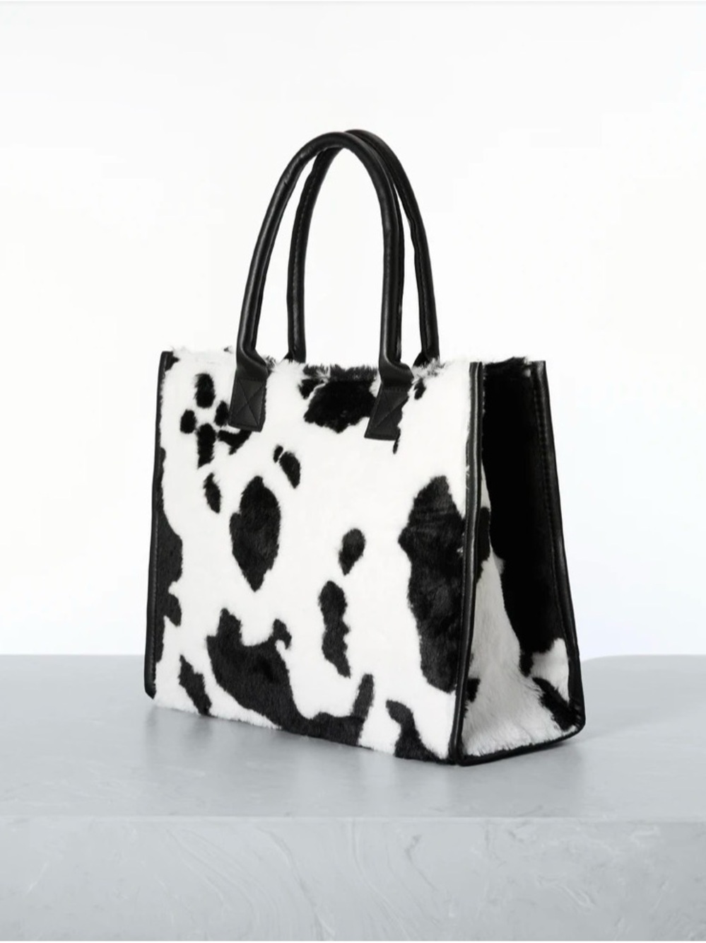 Black & White Cowhide-Pattern Tote with Black Handles